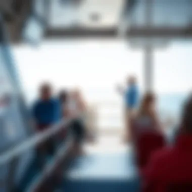 Onboard Experience on the Ferry Passengers enjoying the deck of the ferry, overlooking the sea