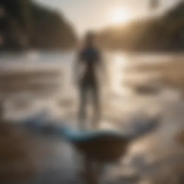 A beginner practicing balance on a foam surfboard in shallow water