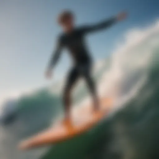 Dynamic action shot of a surfer riding a wave on a foam surfboard