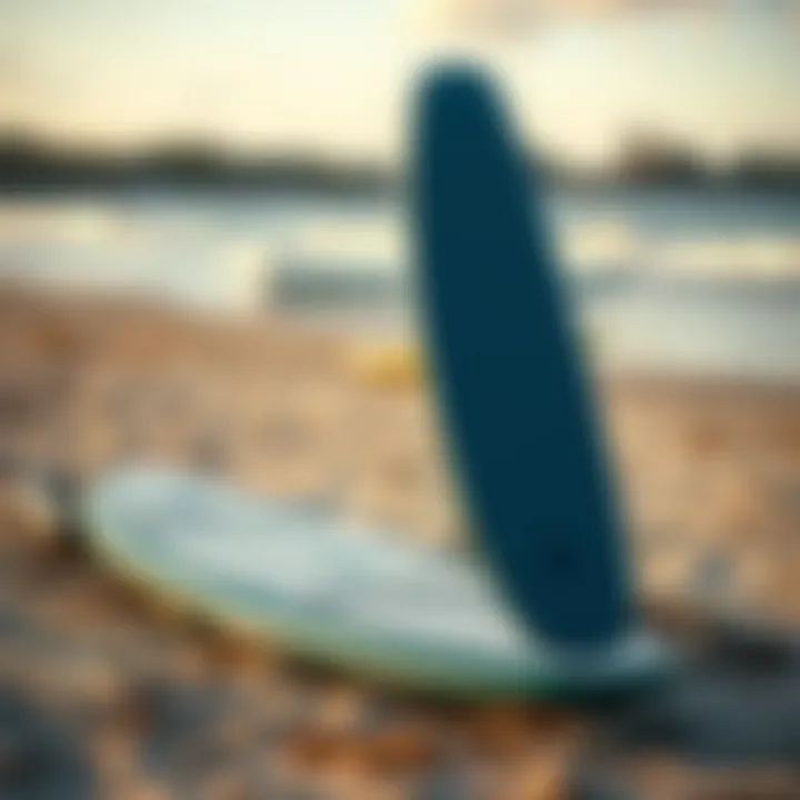 Maintenance of Foil Boards A well-maintained foil board displayed on a beach setting