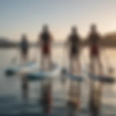 Group of friends enjoying paddle boarding together