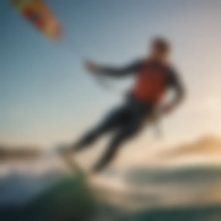 A kite surfer riding the waves with vibrant kites