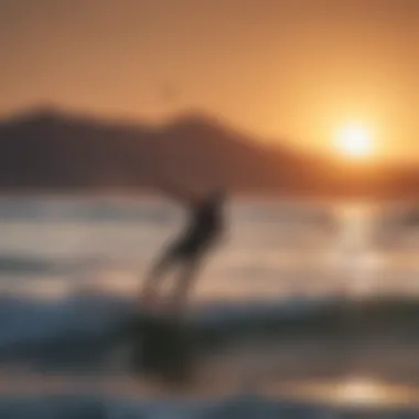 A serene sunset view of a kite surfer on the horizon