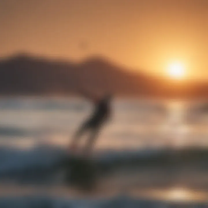 A serene sunset view of a kite surfer on the horizon