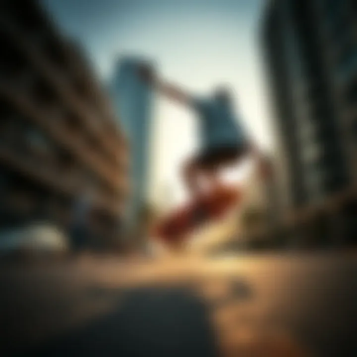 A longboard rider performing tricks in an urban setting