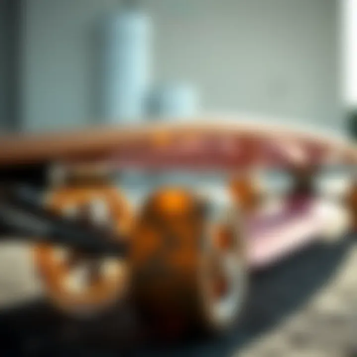 Close-up of longboard wheels and trucks, highlighting their construction