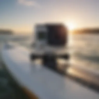 Close-up of a GoPro mount securely attached to a surfboard