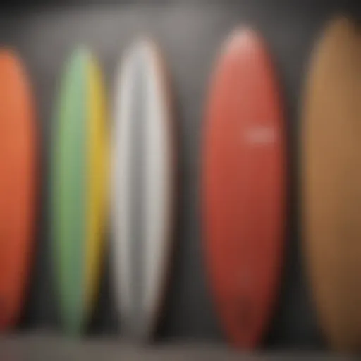 Various types of foam surfboards displayed in a lineup