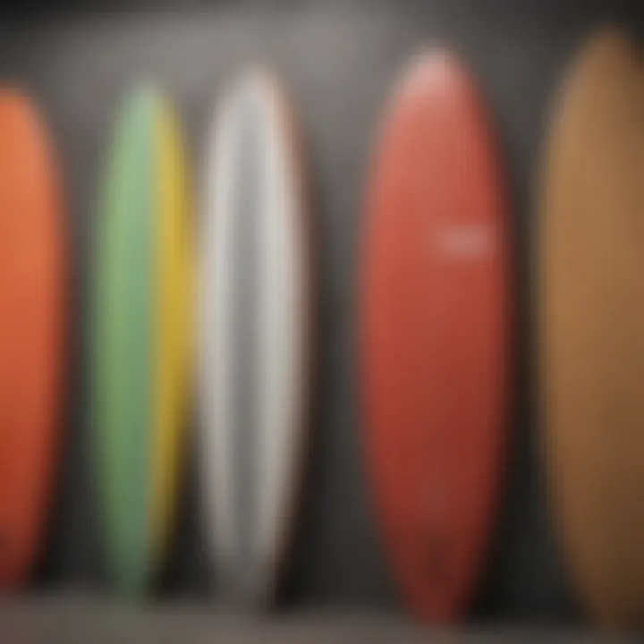 Various types of foam surfboards displayed in a lineup