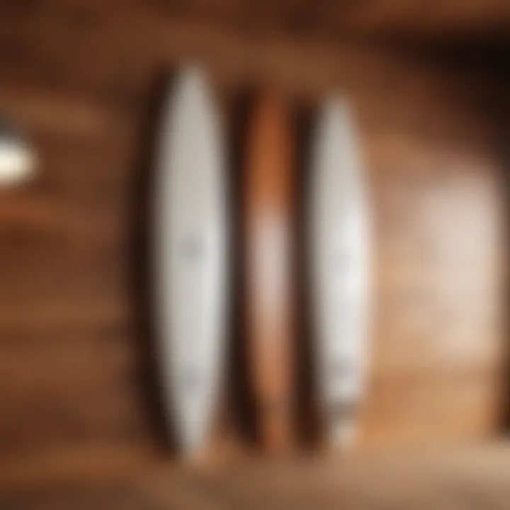 Surfboard hanging on wooden wall rack in elegant interior