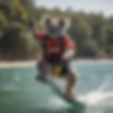 A vibrant kiteboarding scene with the practitioner showcasing hangtime koala stance