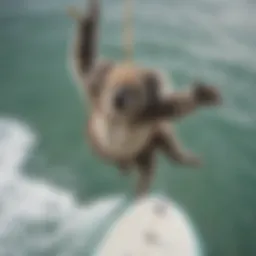 A serene seascape with a surfer catching air, embodying hangtime koala