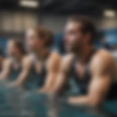 A group of athletes engaged in a breath-hold training session at a water sports facility.