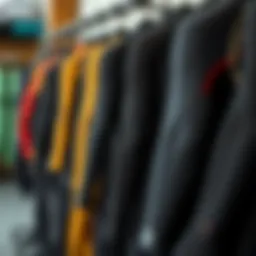 Different wetsuit thicknesses displayed on a rack