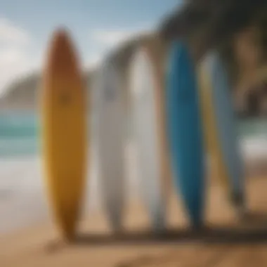 A variety of surfboards displayed on the beach