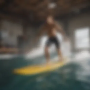 Dynamic indoor surfboard trainer showcasing balance techniques