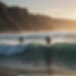 A vibrant beach scene showcasing surfers riding waves