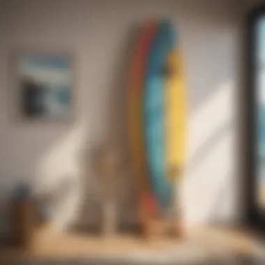 Colorful surfboard coat rack enhancing a coastal-themed interior