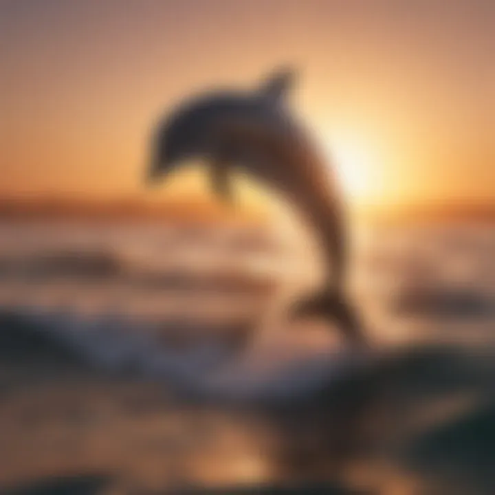 A dolphin leaping gracefully above the ocean surface under a vibrant sunset.