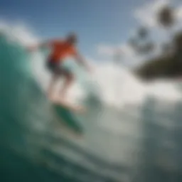 A stunning view of a surfer riding a wave, showcasing the vibrant colors of Kelly Slater Clothing Co.