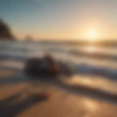 Sparkling ocean waves with kiteboarding equipment in foreground