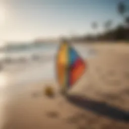 Different types of kite packs displayed on a vibrant beach