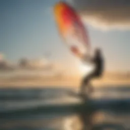 A vibrant kite surfing scene with colorful kites in the sky