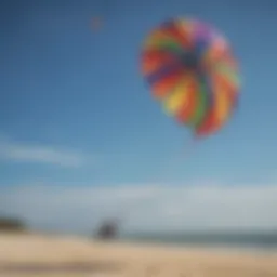 Vibrant kite surfing scene at Cape Cod with colorful kites soaring against the blue sky
