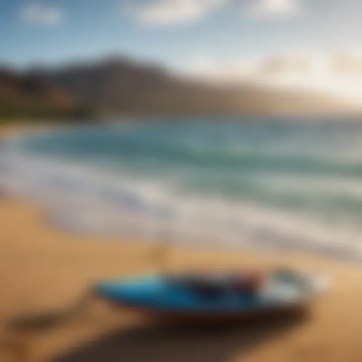 Colorful kite surfing equipment with Maui's coastline in the background