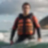 A vibrant kiteboard life jacket displayed against a backdrop of ocean waves.