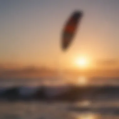 Vibrant kiteboarder riding waves under sunset sky