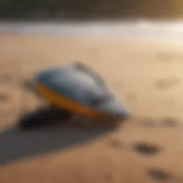 Kiteboarding gear layout on a sandy beach