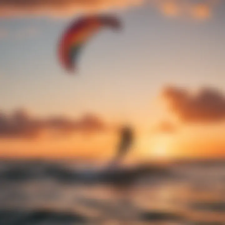 Kitesurfer riding the wind under a colorful sunset sky