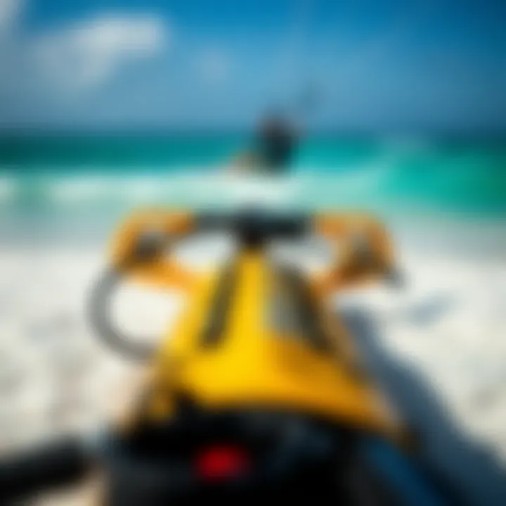 Essential Kitesurfing Gear Close-up of kitesurfing equipment set up on the beach