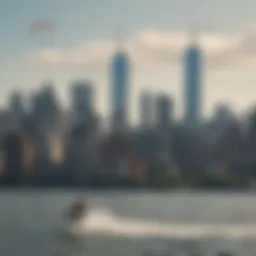 Dynamic kitesurfing trick over New York skyline