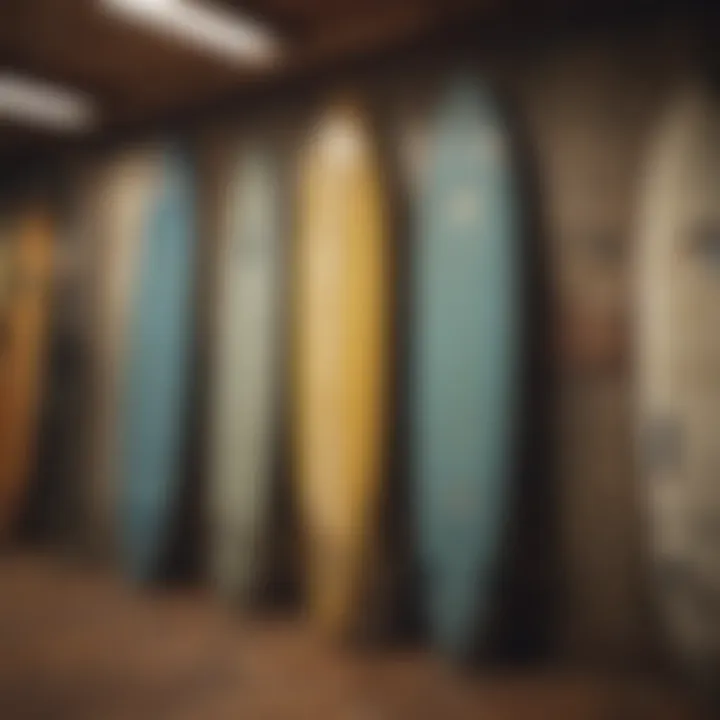 Vintage surfboard displayed in a museum setting