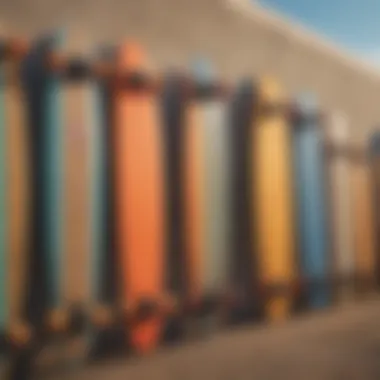 An array of colorful longboards lined up against a vibrant backdrop