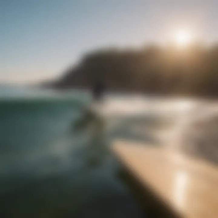 A serene coastal scene showcasing perfect longboarding waves