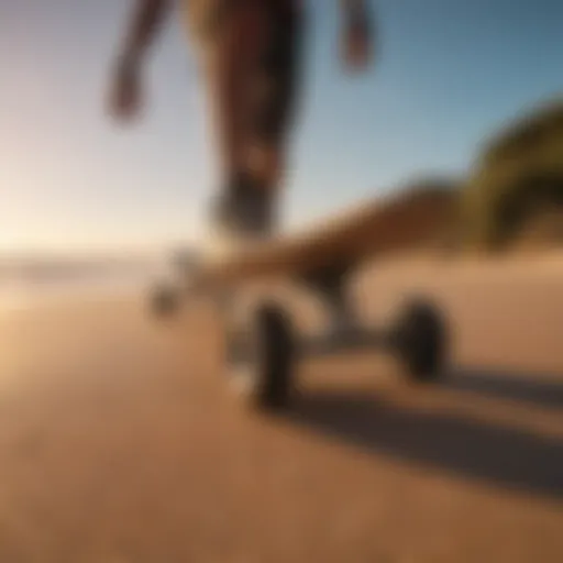 A vintage longboard on a sandy beach during sunset