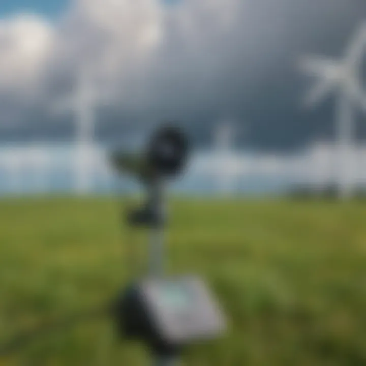 Anemometer in a lush green field with wind turbines in the background