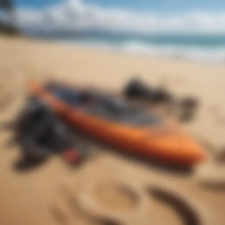 Kite surfing equipment laid out on sandy beach in Maui