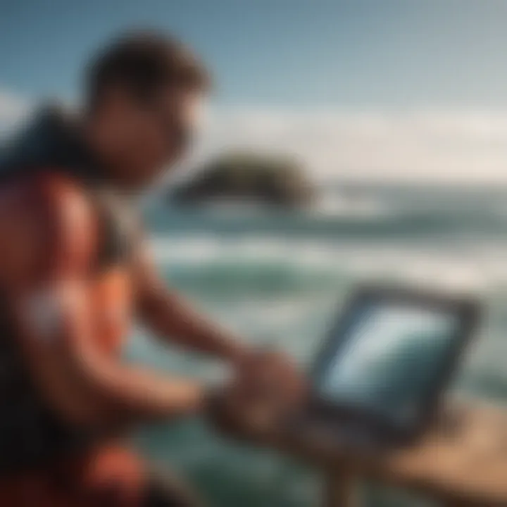 Watersport enthusiast studying ocean swell forecasts on a tablet