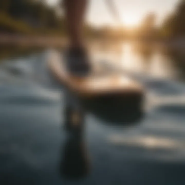 Close-up of paddle boarder's reflection on rippling water surface