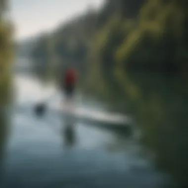 An aerial view of a paddle boarder gliding peacefully on a serene lake