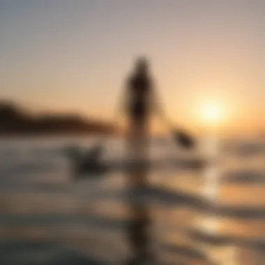 Silhouette of a paddle boarder against a stunning sunset backdrop