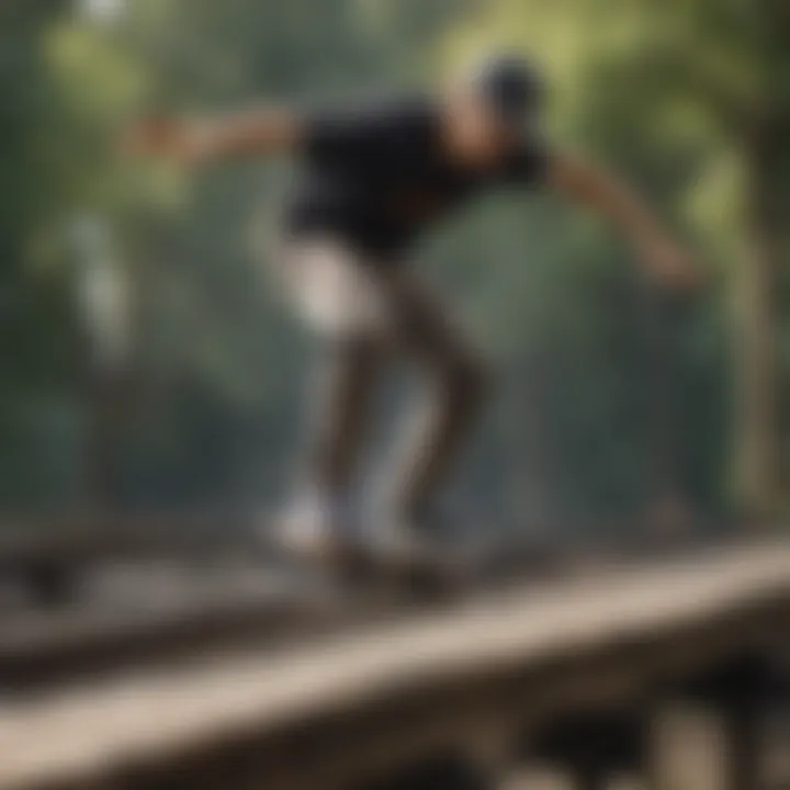 Skateboarder balancing on a rail during a grind