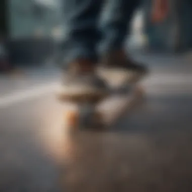 Detailed close-up of a skateboarder's foot positioning during an Ollie trick