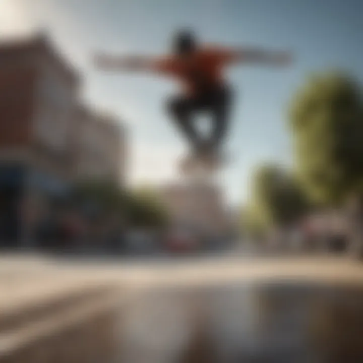 A skateboarder in mid-air performing a flawless Ollie trick