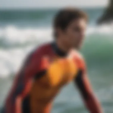 Surfer wearing colorful wetsuit paddling out to sea