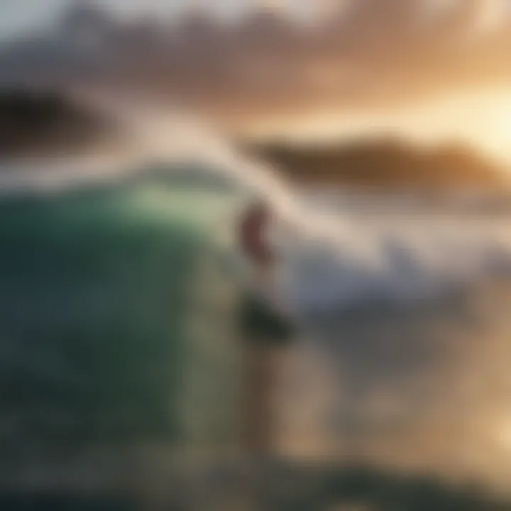 Surfer riding a massive wave at sunset